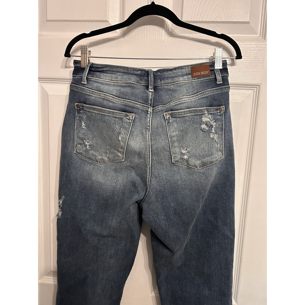 Judy Blue 7/28 Straight Fit Dark Wash Distress Raw Hem Blue Jeans Denim - Picture 7 of 13